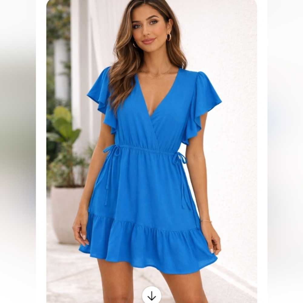 Max Studio London Blue Wrap Dress Size L Flutter Sleeve Adjustable Tie Waist